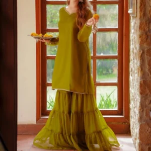 olive green chiffon sharara set