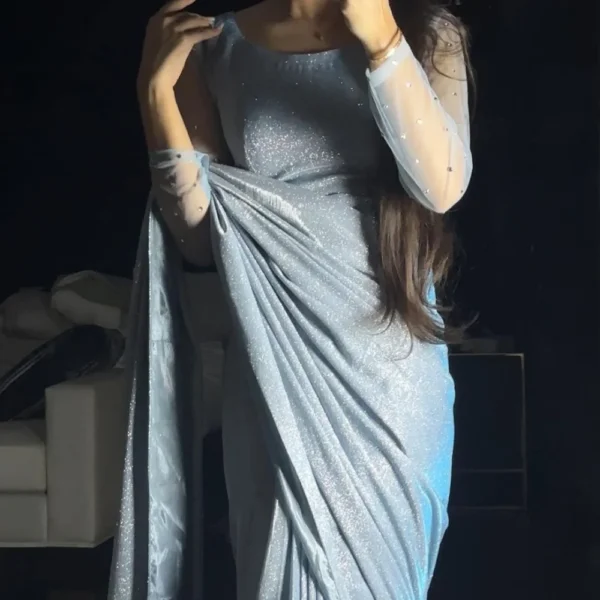 Moonlight Glitter Saree in Cinderella Blue - Image 3