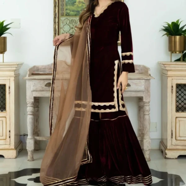 Velvet Deep Maroon Sharara Set - Image 2