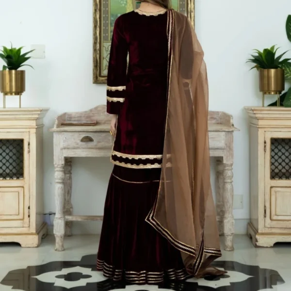 Velvet Deep Maroon Sharara Set - Image 3