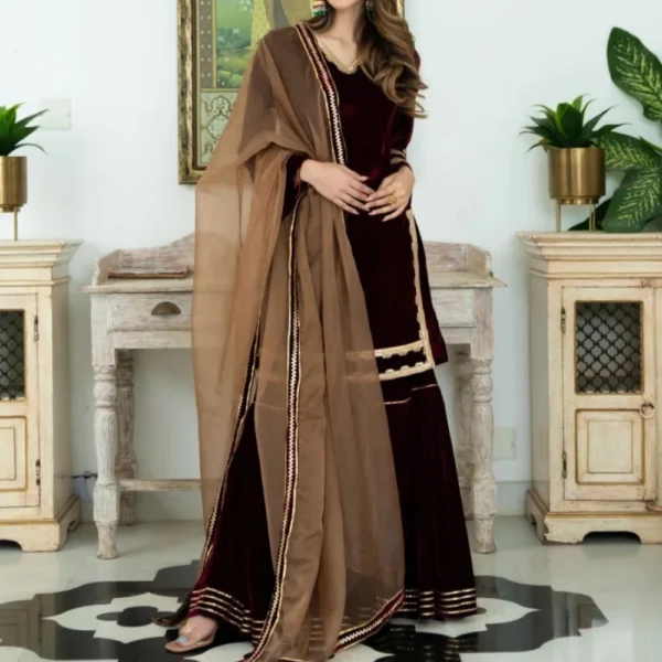Velvet Deep Maroon Sharara Set