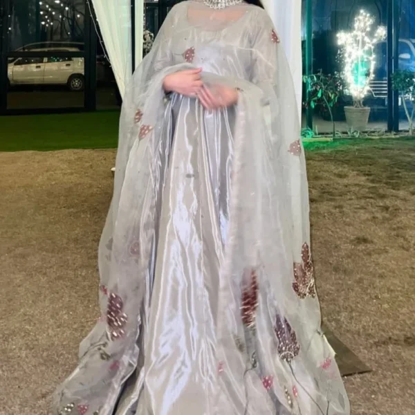 Gray Silk Anarkali with Floral Printed Dupatta - Image 3