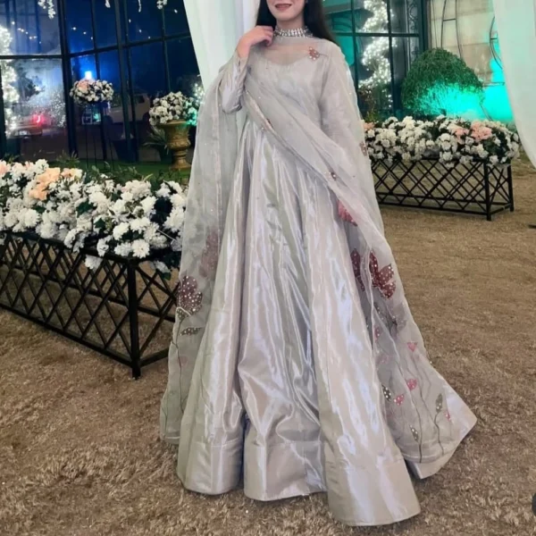 Gray Silk Anarkali with Floral Printed Dupatta