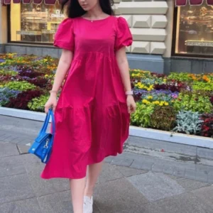 Fuchsia Puff Sleeve Midi Dress