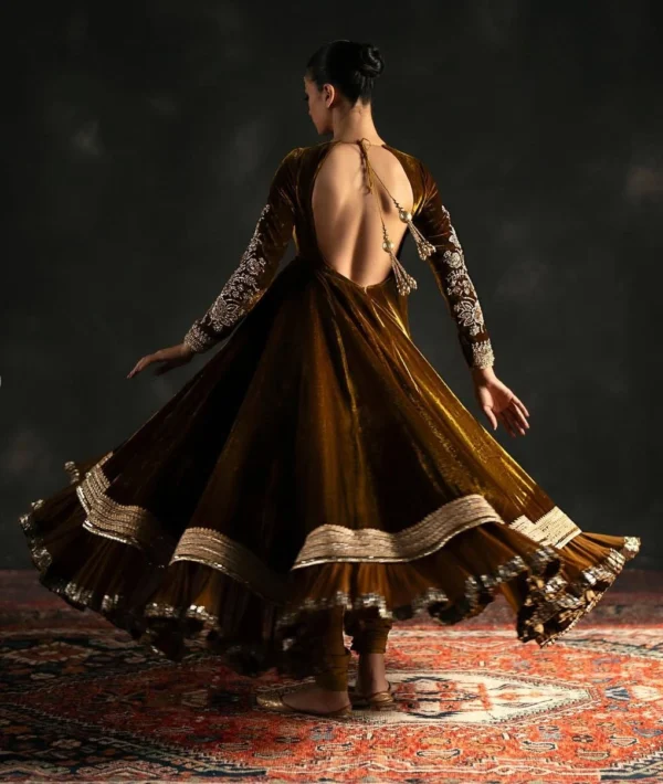 Antique Gold Velvet Double Ghera Anarkali