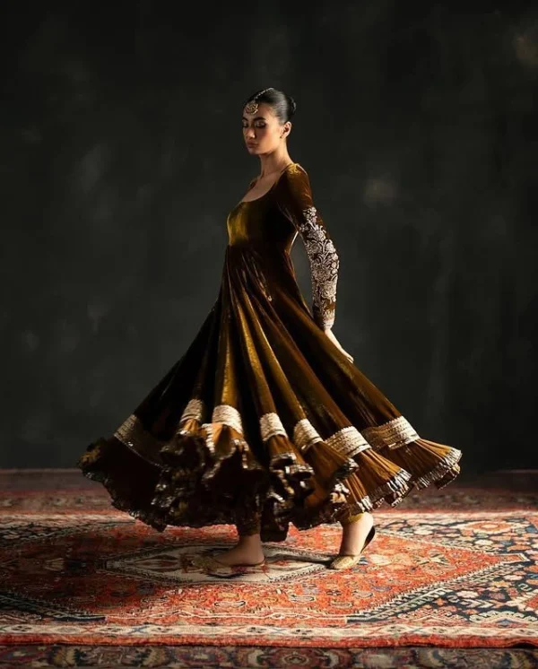 Deep Antique Gold Velvet Double Ghera Anarkali - Image 2