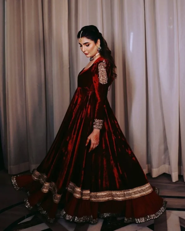 Regal Maroon Velvet Double Ghera Anarkali - Image 3