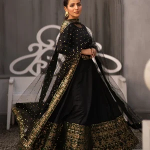 Noor-e-Zari Black & Gold Silk Anarkali Set