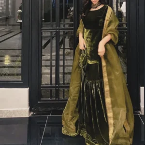 Deep Olive Green Velvet Gharara Set